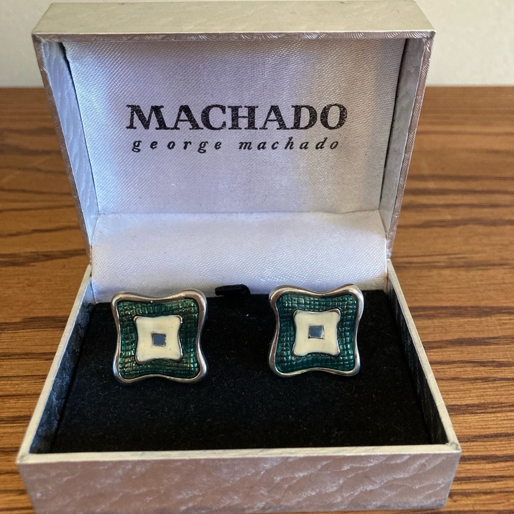 Vintage silver cuff links with green white mosaic